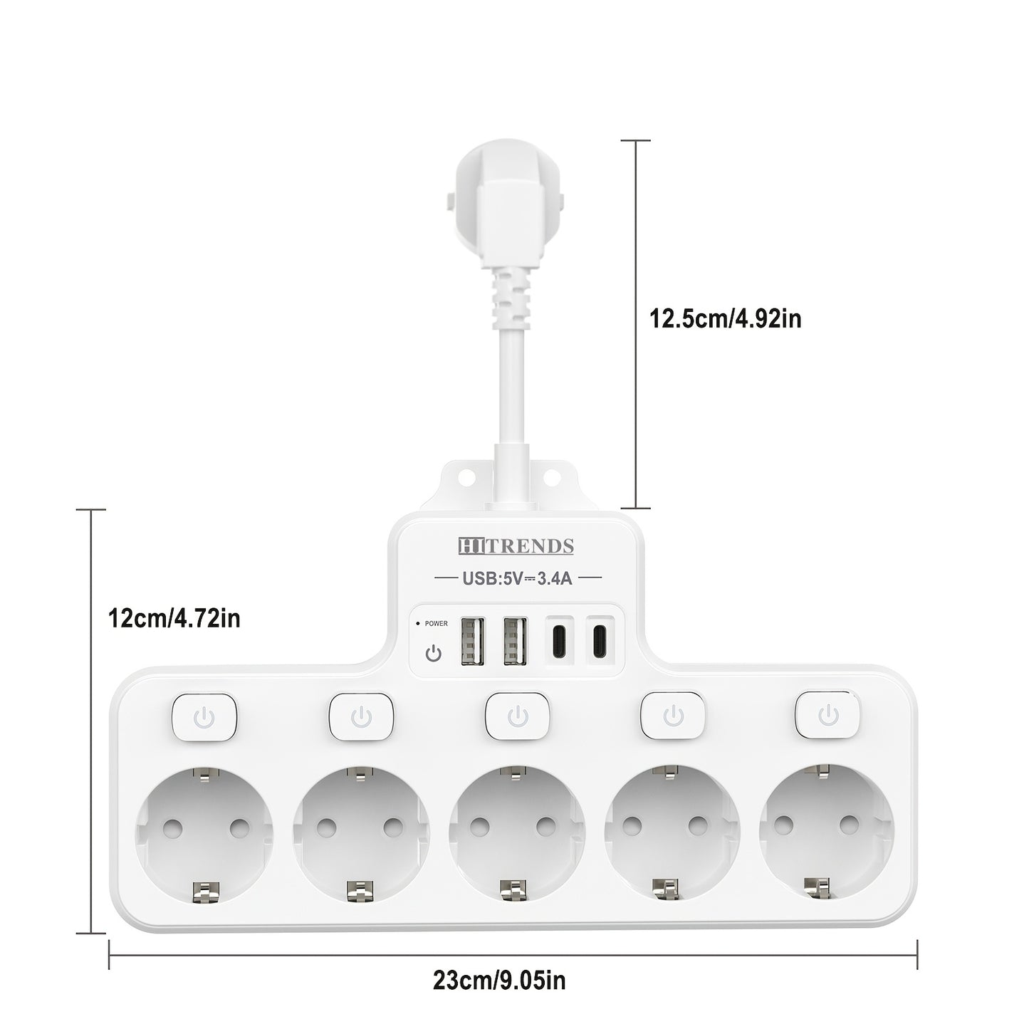 A 9-In-1 Power Strip with USB, Featuring 5 EU Sockets with Individual And Master Switches, 2 USB-A And 2 USB-C Ports, Flexible Cable Sockets, Wall-Mounted Design, Suitable for Home, Kitchen, Office, And Travel.