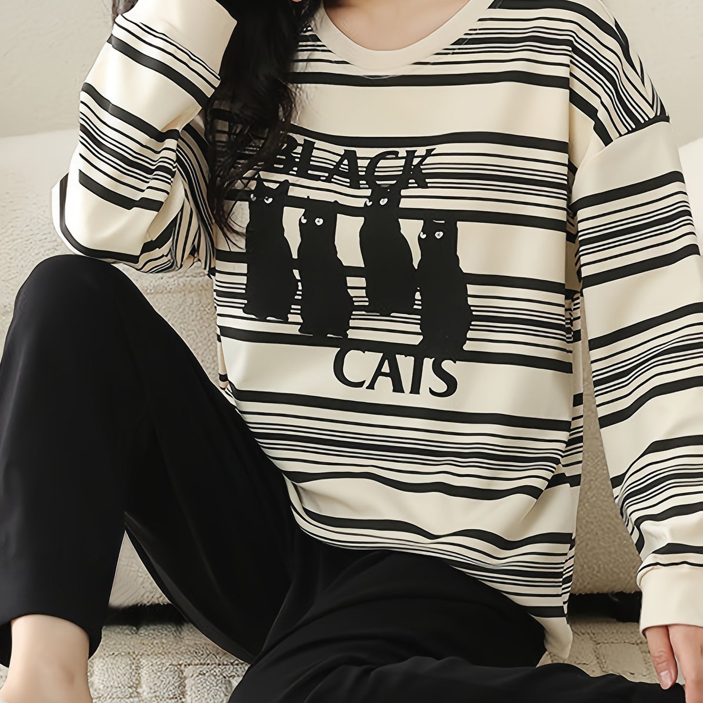 Women's Black and White Striped Cat Print Casual Pajama Set - Elastic Waist Pants with Round Neck Long Sleeve Top, Machine Washable, Perfect Seasonal Sleepwear, Loose Fit | Whimsical Pattern T-Shirt | Polyester Blend Fabric,