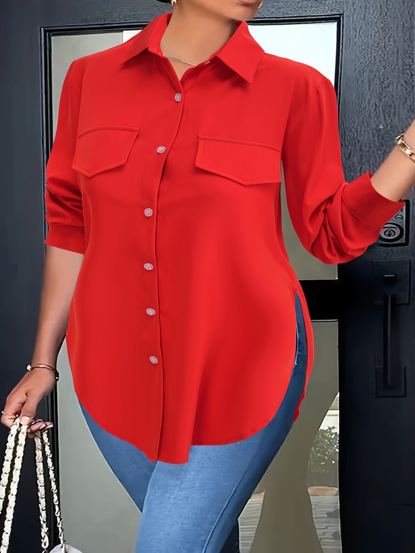 Plus Size Curved Hem Blouse, Casual Button Front Collared Blouse For Spring, Women's Plus Size Clothing