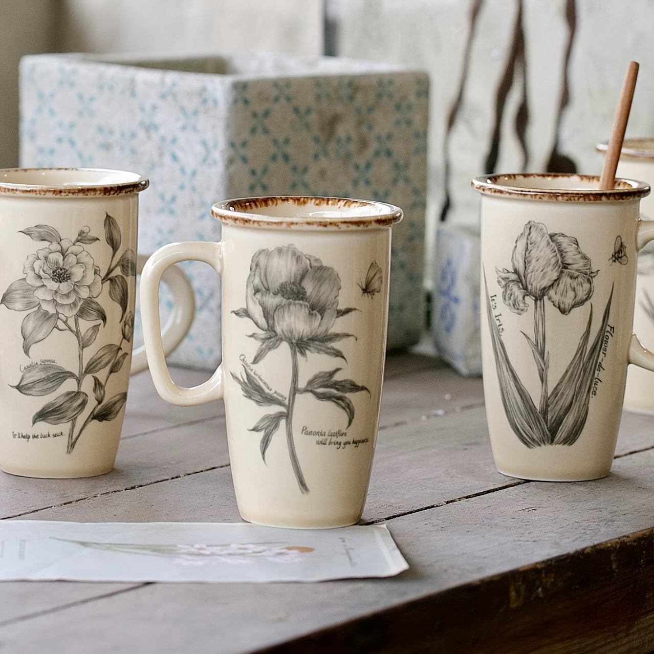 Vintage Ceramic Mug Large Capacity Flower Cup French Home Office Coffee Cup Water Cup Latte and Herbal Tea Cup, Best for Christmas, Perfect for Thanksgiving