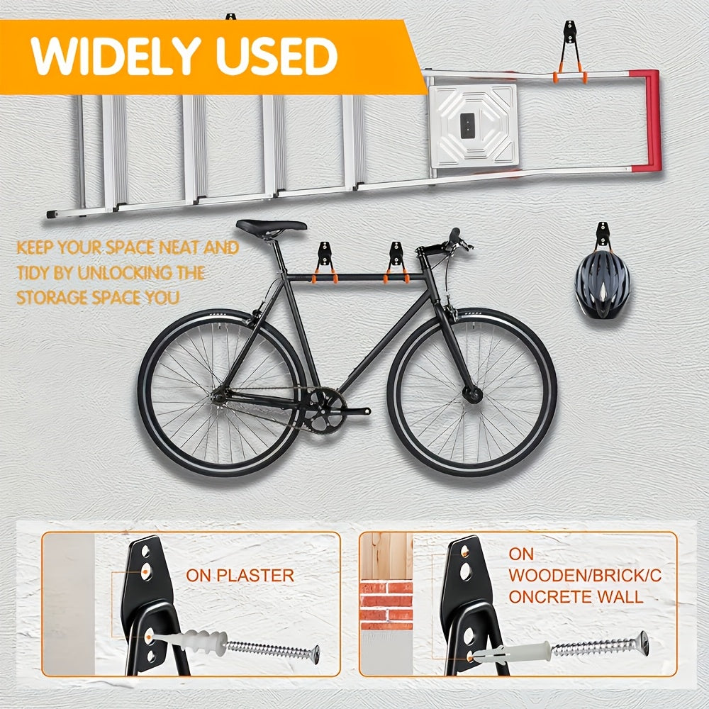 10pcs Heavy Duty Metal Garage Storage Hooks, Wall Mounted Utility Organizer for Ladders, Bikes, and Hose Management - Industrial Strength, Space Saving Design with Orange Clamps for Secure Hold