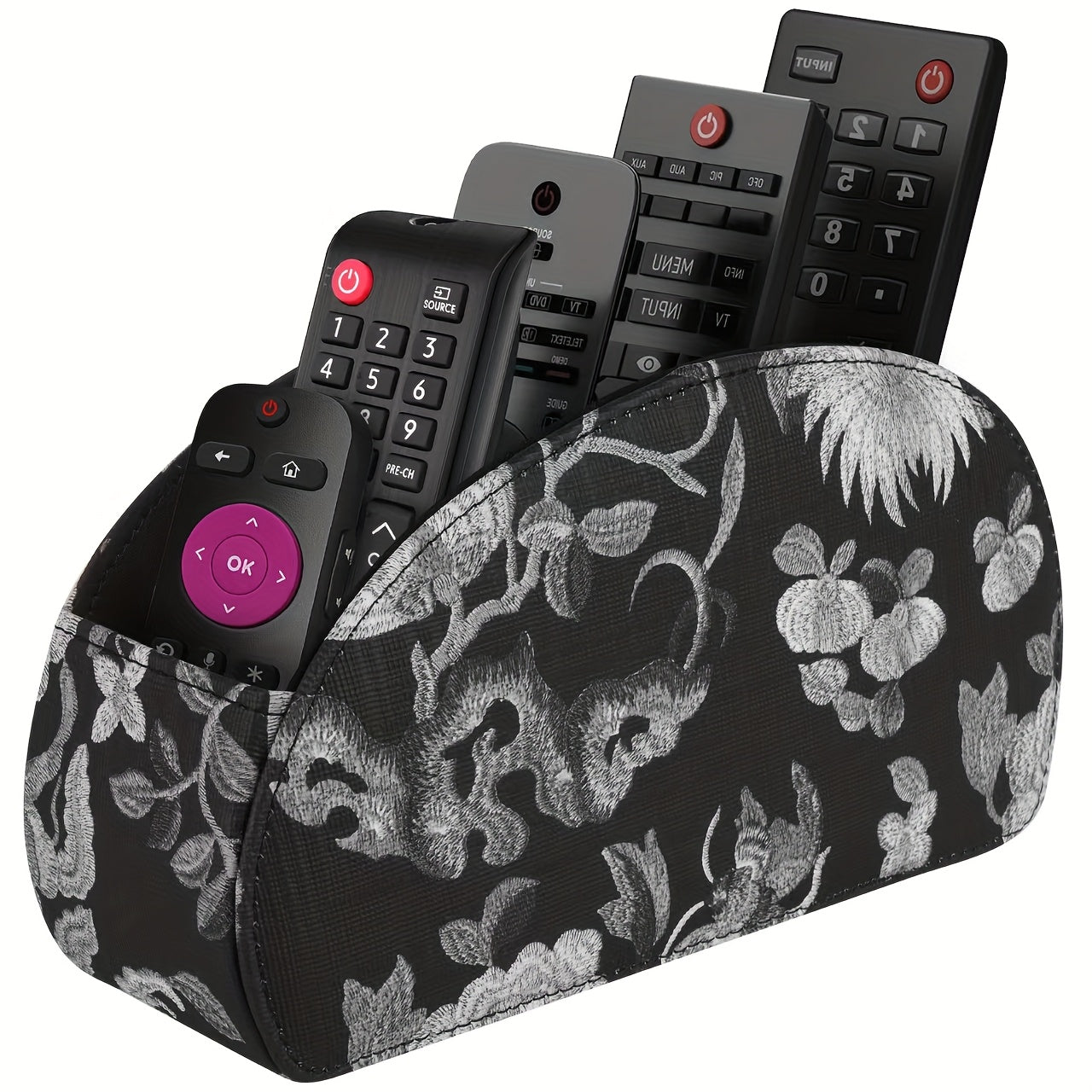 Remote Control Holder with 5 Compartments - Black Faux Leather Remote Caddy for TV, DVD, Blu-Ray, Media Player, And Heater Control, Independent Storage, Desk & Drawer Organizer for Home Storag, Desk & Drawer Organizer for Hom
