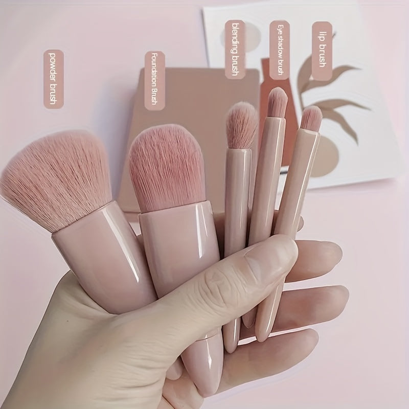 5pcs Makeup Brush Set with Mirror - Nylon Bristles, Fragrance-Free for All Skin Types, Includes Oval Foundation & Blending Brushes