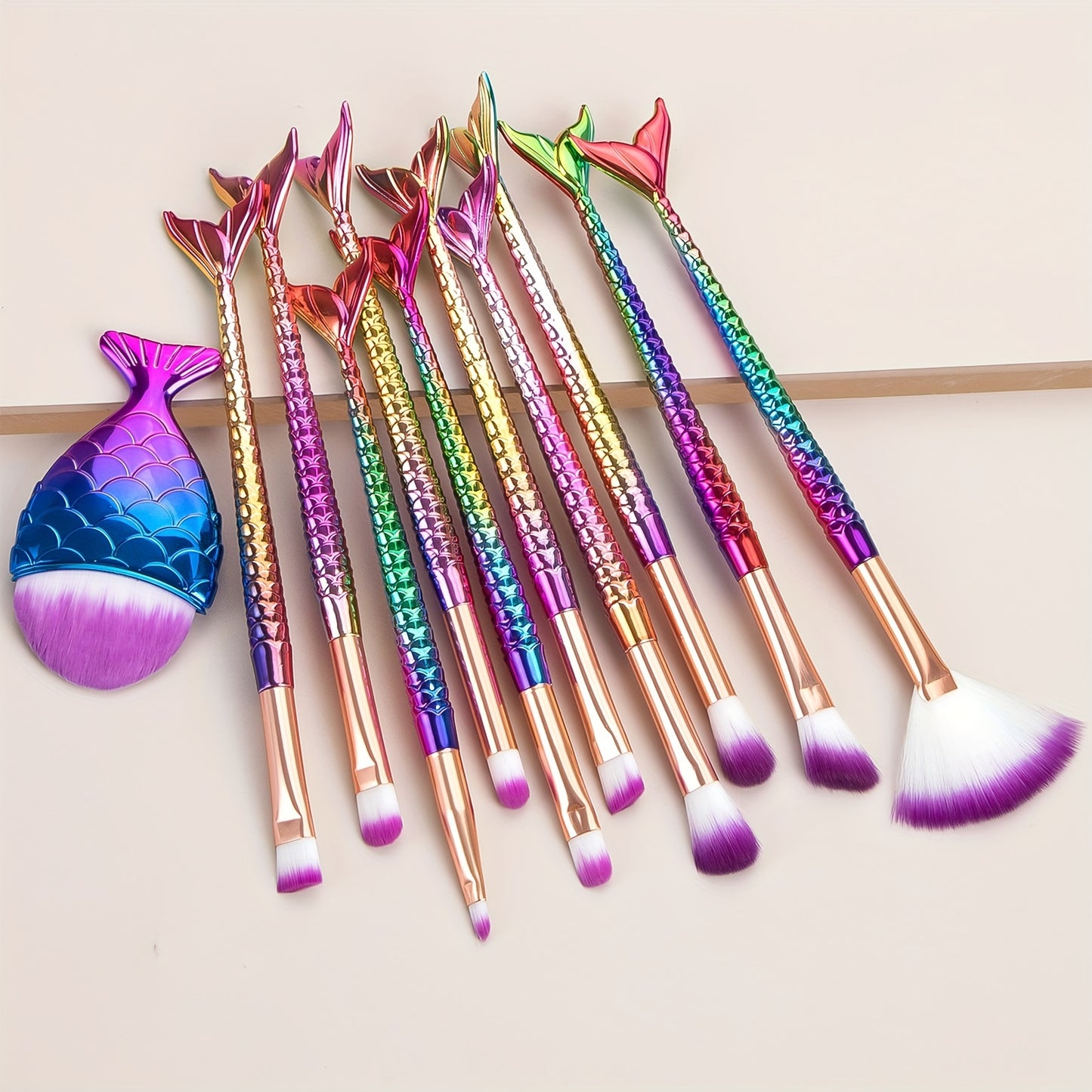 11pcs Mermaid Makeup Brush Set - Fish Tail Design, Nylon Bristles for All Skin Types, Fragrance-Free Beauty Tools