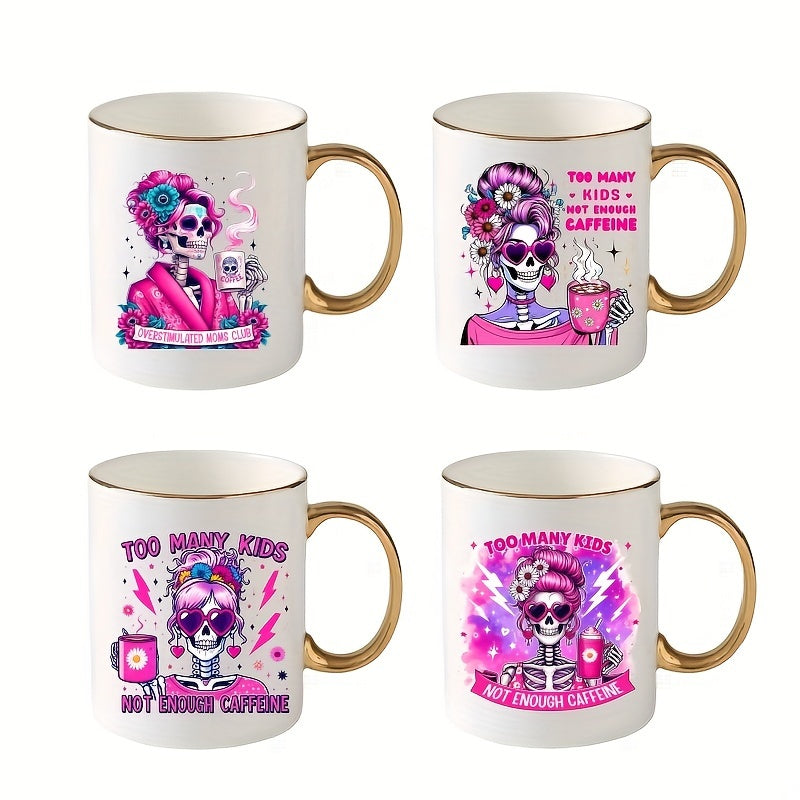 4pcs Pink Skull Coffee & Beverage Mug Set with DIY Decorative Stickers - Transparent Glass, Waterproof, Scratch & Oil Resistant for Various Surfaces