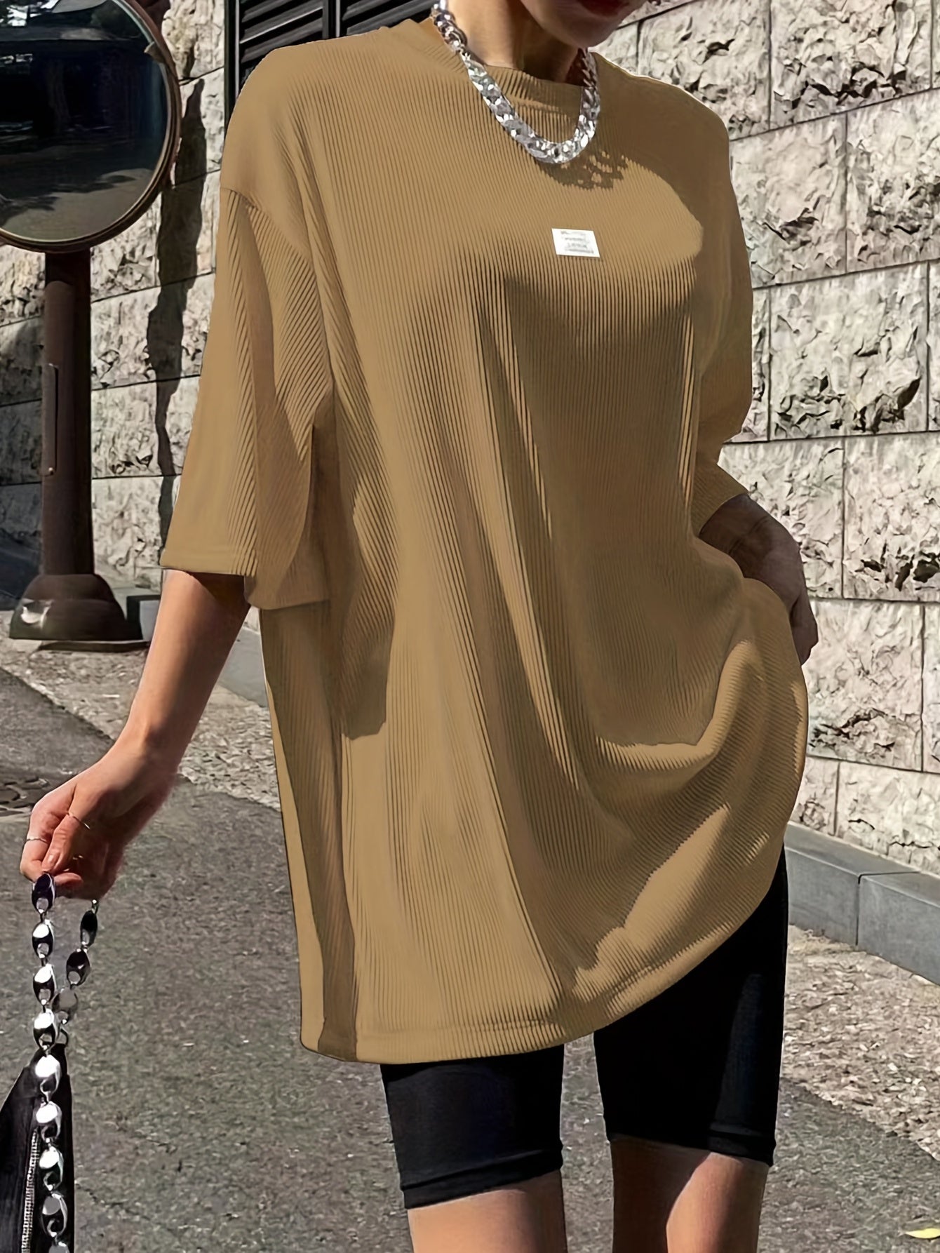 Oversized Drop Shoulder Ribbed T-Shirt, Casual Crew Neck Short Sleeve T-Shirt For Spring & Summer, Women's Clothing