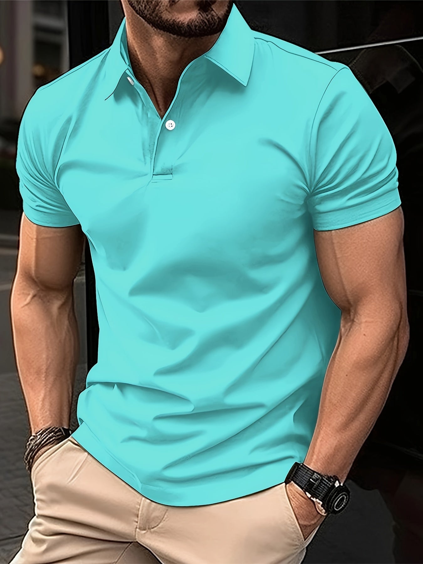 Solid Color Men's Lightweight Short Sleeve Lapel Shirt For Summer Sports