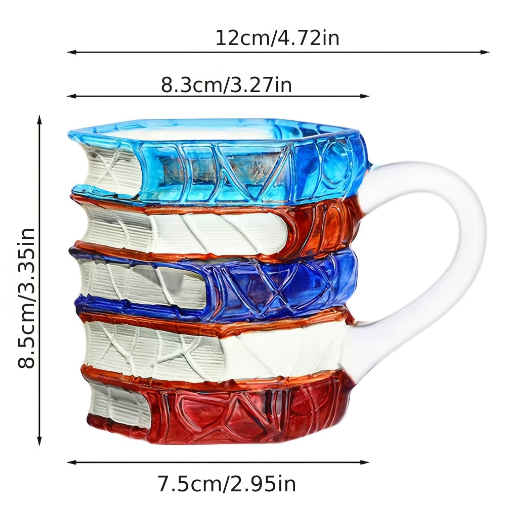 1pc Hand-Painted Book Stack Design Coffee Mug - 7/12oz Stackable Glass Cup with Vibrant Blue, Orange, Red & Yellow Stained Glass Art, Reusable Novelty Gift for Book Lovers, Librarians, Women'S Book Clubs & Literature Enthusia