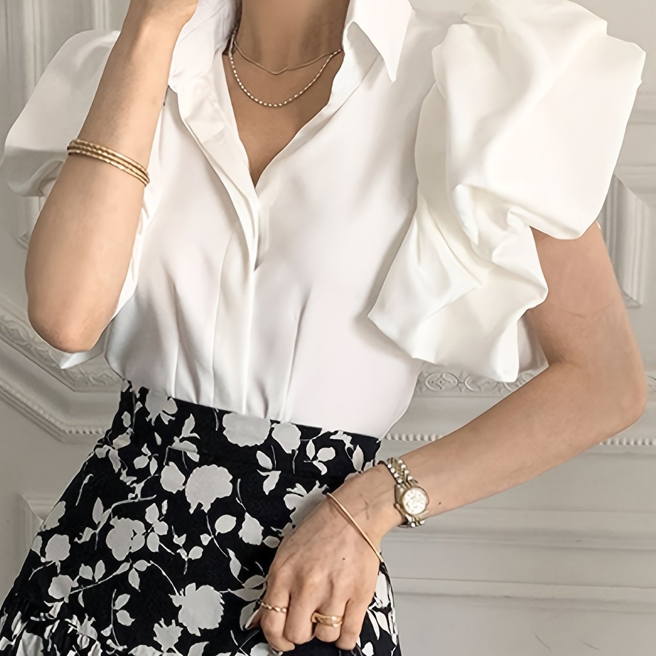 Solid Puff Sleeve Blouse, Elegant Lapel Collar Short Sleeve Blouse, Women's Clothing