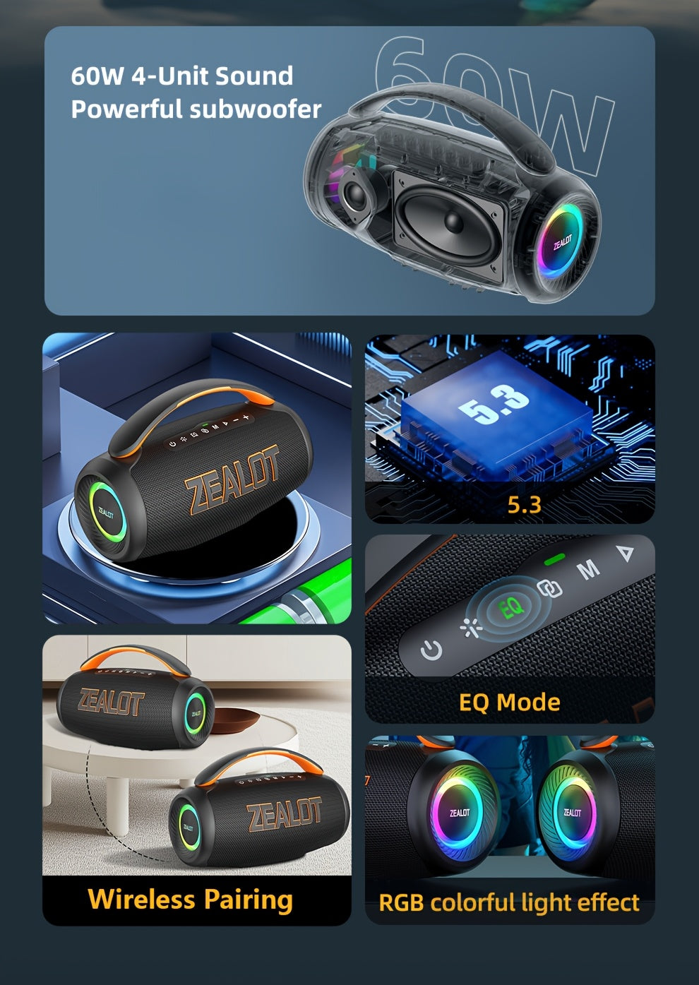 ZEALOT 60W Subwoofer Speaker, Wireless Speaker with Handle, 8000mAh Battery, Easy to Carry, RGB Lights, EQ Mode, TWS Pairing, Booming Bass. IPX5 High Quality, Great for Parties And Gatherings. for Home, Car, Camping-ZEALOT P1