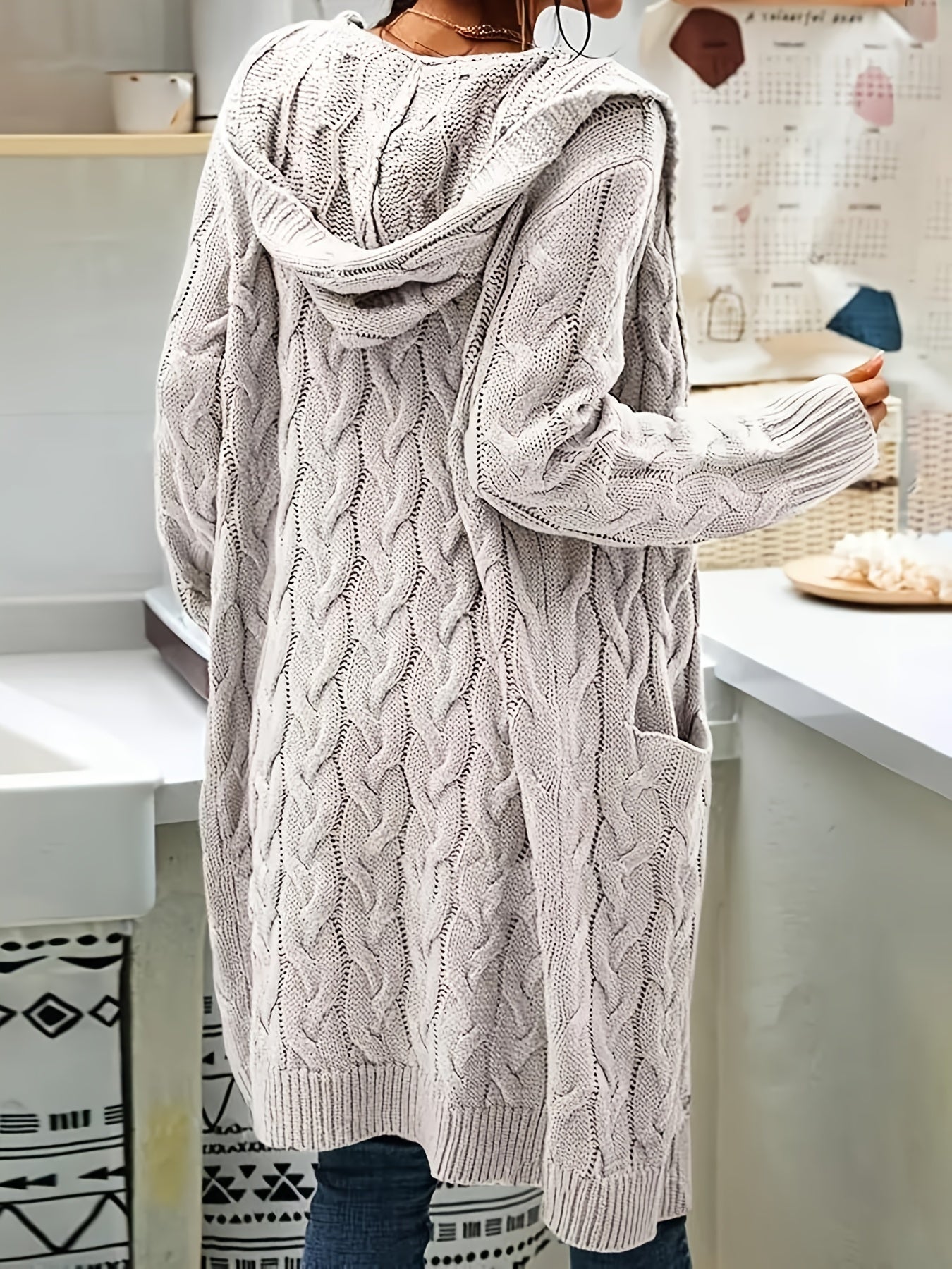 Women's Mid-Length Hooded Cardigan - Soft Stretchy Solid Color Long Sleeve Open Front Sweater with Pockets, Machine Washable Casual Elegance for Fall Winter, Everyday Comfort Wear, Stylish Hooded Design, Comfortable Fit