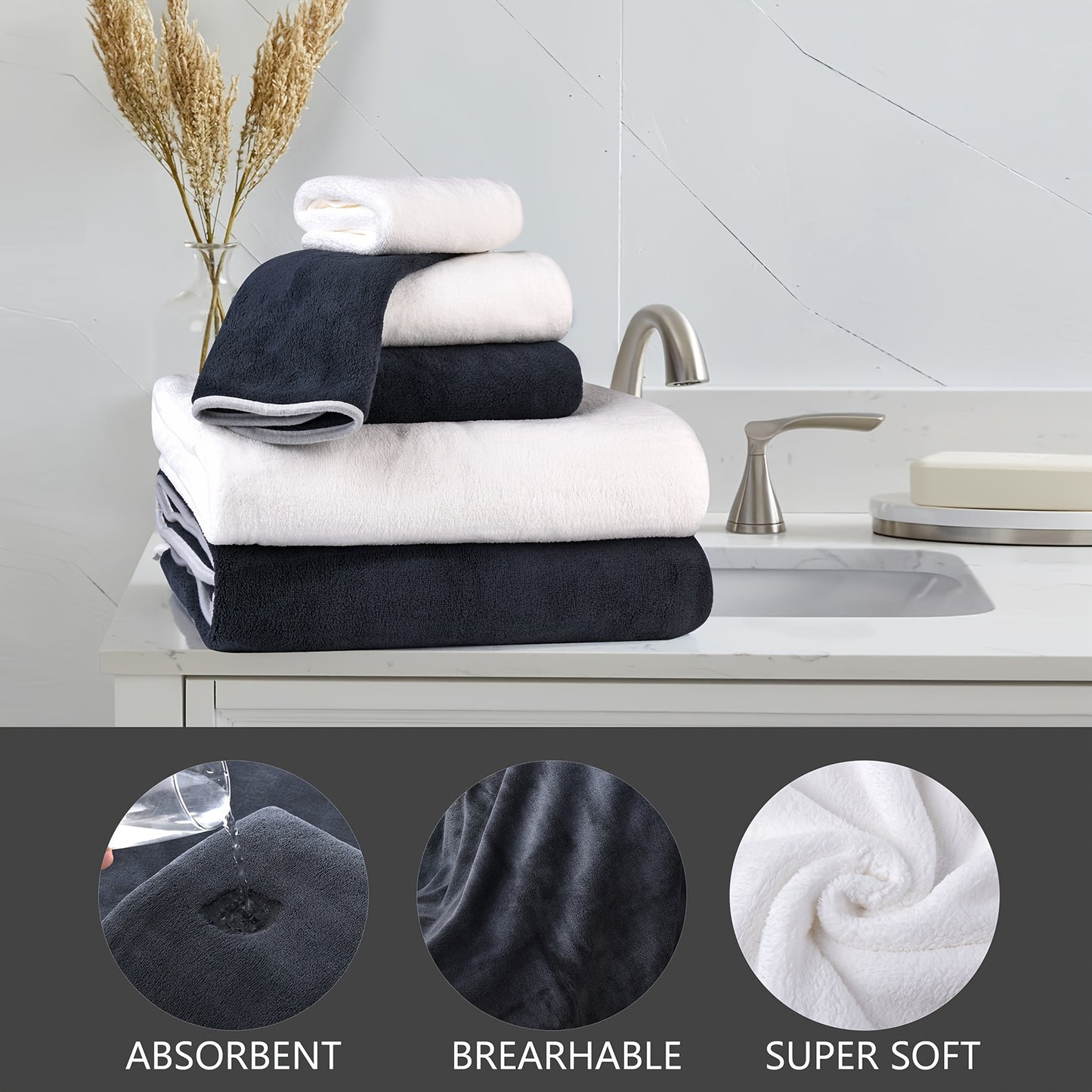 8-Pack Super Soft Coral Bath Towel Set, 2 Bath Towels 68.58 x 139.7 cm, 2 Hand Towels 34.8 x 76.2 cm, 4 Square Towels 34.8 x 34.8 cm, Quick Drying, Quick Absorbent and Lightweight, Outdoor Fitness, Camping Towels Bathroom Tow