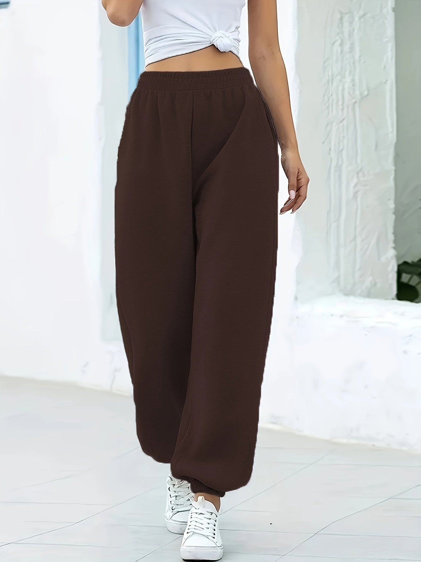 Women's High-Waisted Wide-Leg Cropped Pants - Casual Navy Blue Polyester, Elastic Waistband with Pockets, Perfect for Fall & Winter, Plus Size Pants