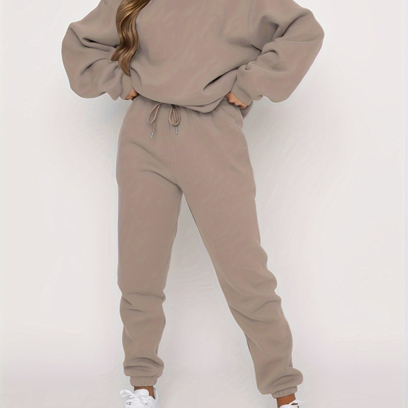 Solid Casual Two-piece Set, Crew Neck Long Sleeve Tops & Drawstring Jogger Pants Oufits, Women's Clothing