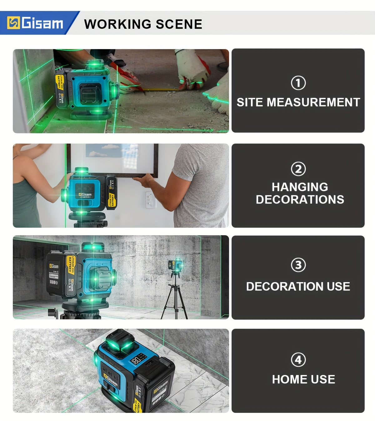 Gisam Multifunctional 16 Lines 4D Green Laser Level with Tripod & App Control, 360° Self-Leveling Horizontal & Vertical Cross Lines, USB & Battery Powered, Includes Carrying Case, Super-Powerful Beam, Portable Design for Ind