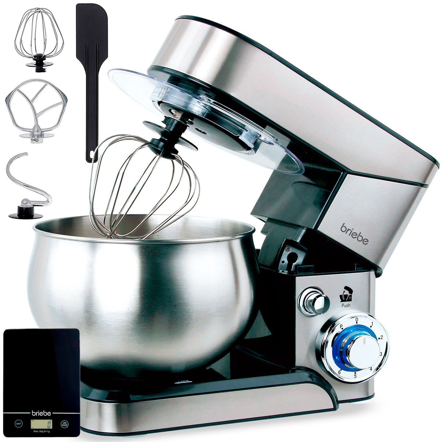 Mixer Kneader Pastry 1800W MAX, Professional Kitchen Robot + Scale, Orbital Movement, Rods, Dough Hook, 5 L Bowl, 6 Speeds + Pulse Function, Stainless Steel KM1114B, Briebe, Stainless Steel