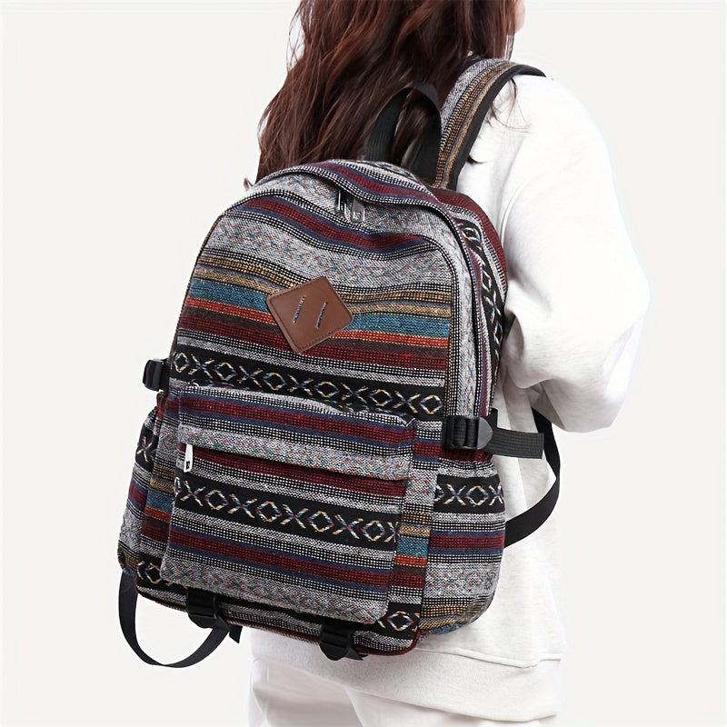 2025 vintage style backpack with adjustable straps, multiple compartments in brown, red, blue, and gray, large capacity travel and vacation backpack, travel backpack