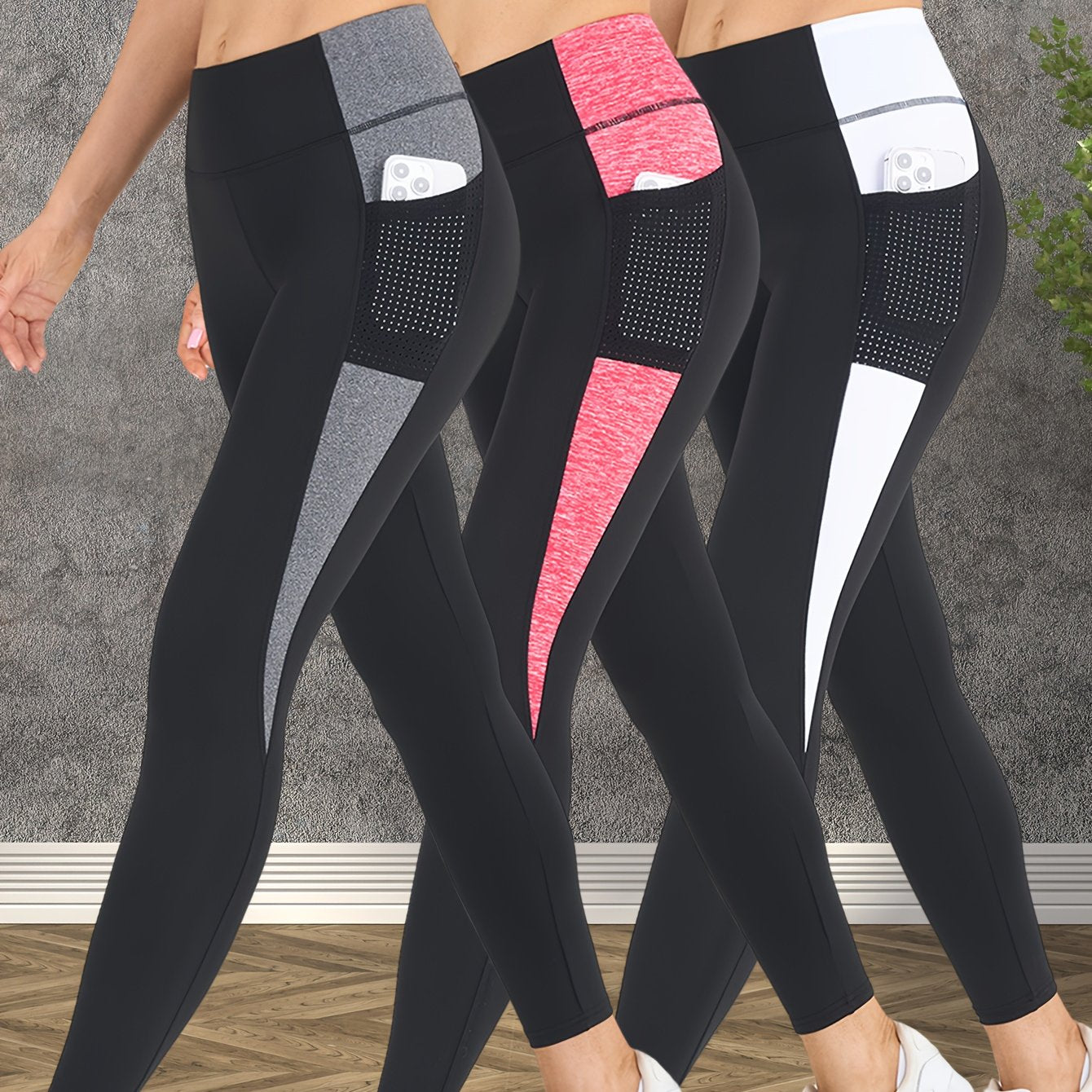 3-Pack Women's Yoga Pants Non-See-Through High-Waisted Workout Leggings - Sweat Absorbent Quick-Dry Yoga Pants with Side Pocket, Stretchy Gym Running Pilates Pants for Women (Black/Gray/Pink Accents - Affordable 3-Pack Deal),