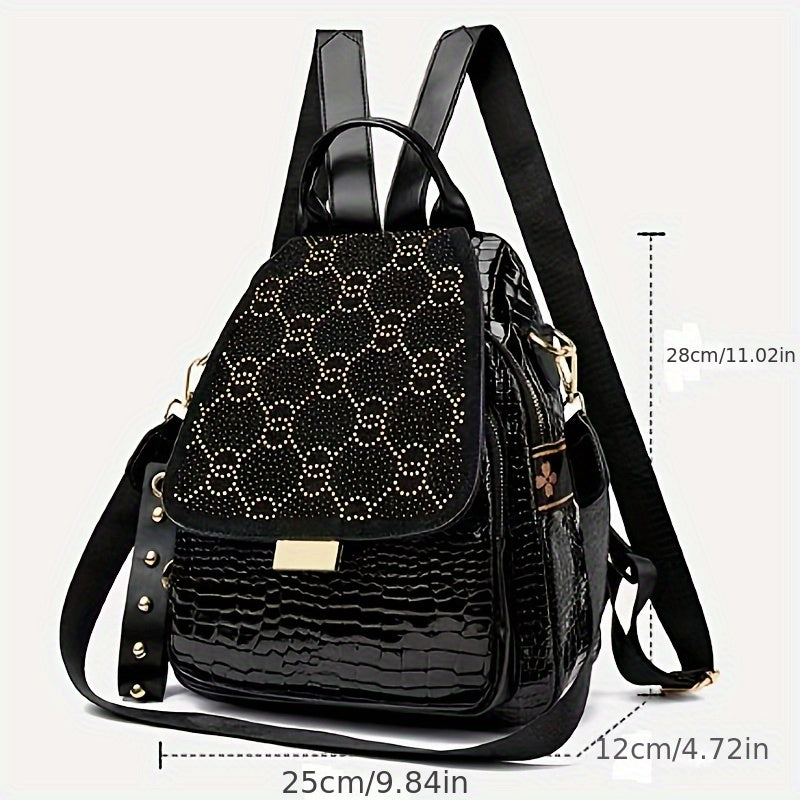 Women'S Fashionable Black Backpack with Diamond Pattern - Soft, Foldable, Zippered, Adjustable Shoulder Strap, Large Capacity, Versatile for Travel & Daily Commute, Casual Daypack|Stylish Backpack|Softshell Backpack