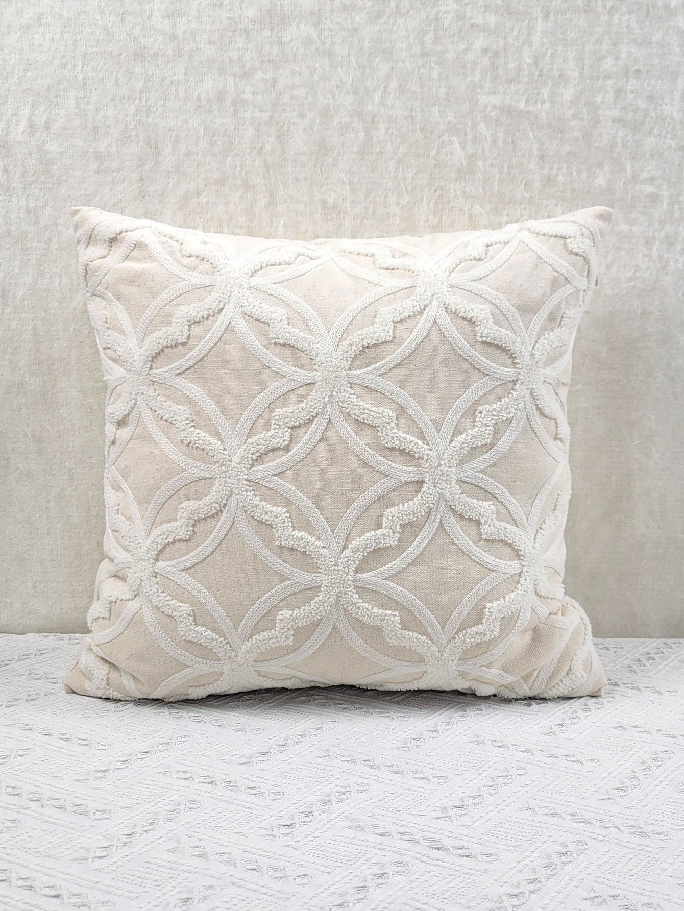 1pc Geometric Pattern Towel Embroidery Cushion Cover, Beige Base Fabric with White Embroidery