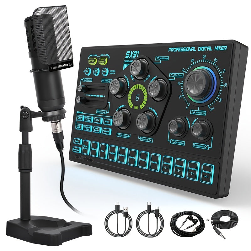 Podcast Live Broadcast Kit, SX91 Live Sound Card + BM800 Podcast XLR Condenser Microphone, Professional Mixing Equipment Set, Ideal for Gaming, Live Broadcasting, Recording Streaming Podcasts, Video Studio, Compatible with La