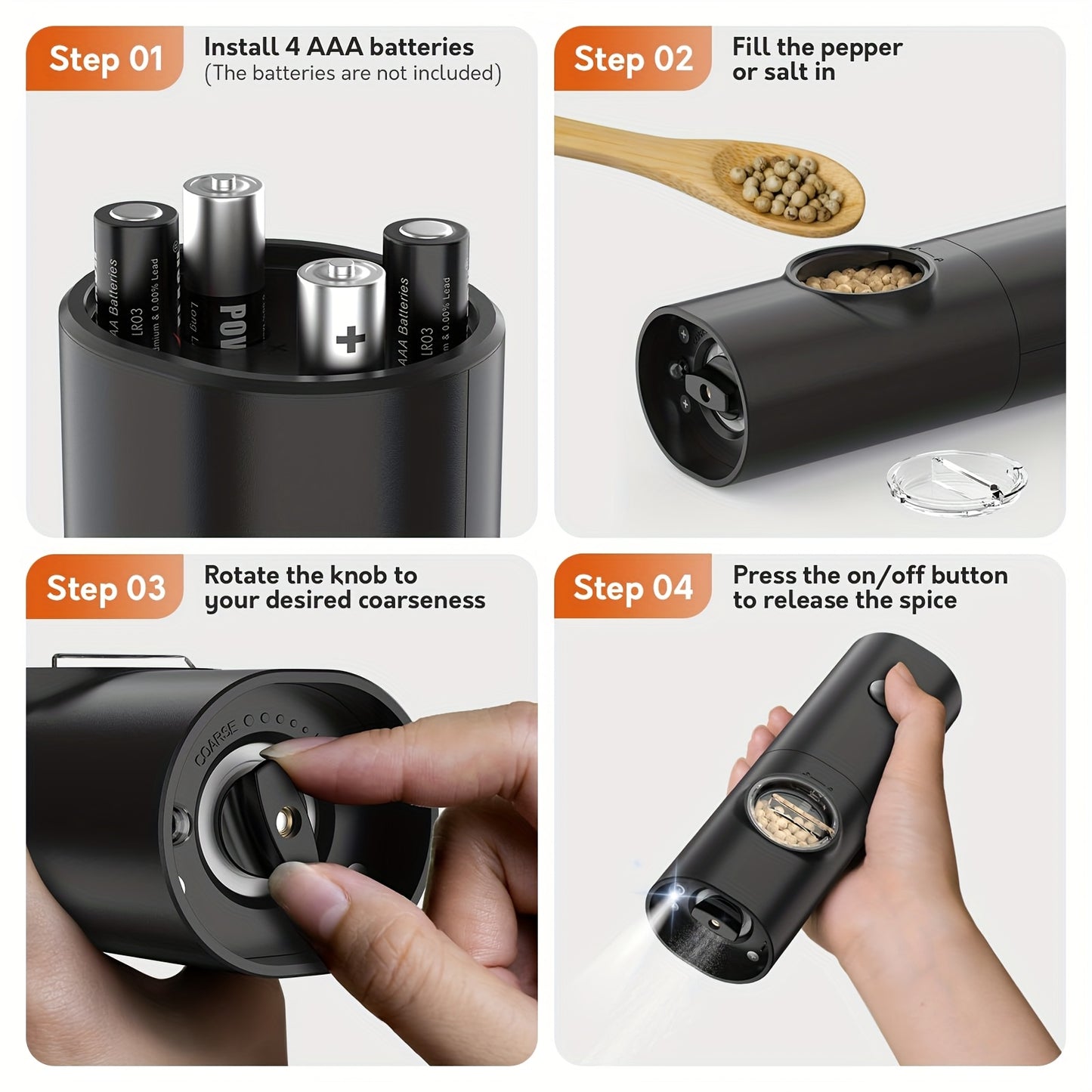 Single or Double Pack Options, Includes Base for Two-Pack - Electric Salt and Pepper Grinder with One Hand Operation, Battery Powered, Adjustable Coarseness, LED Light & Stand, Suitable for Kitchens, Food Seasoning Device, Di
