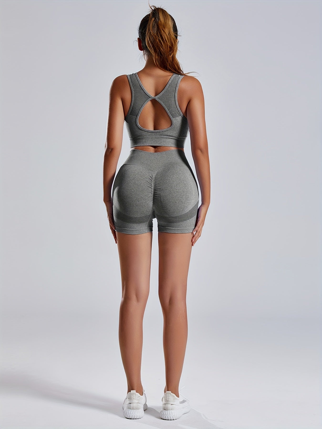 Women'S Seamless Sports Yoga Set, Summer New High Stretch Knit Fabric, Solid Color Polyamide 90% Elastane 10%, Short Length Fitness Gym Wear with Backless Bra and Butt Lifting Yoga Pants