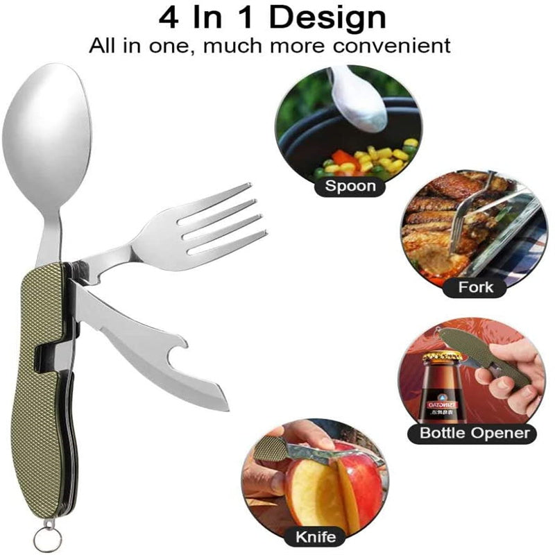 Stainless Steel 4-in-1 Outdoor Tableware Set with Folding Spoon, Fork, Knife, and Bottle Opener - Perfect for Camping, Picnics, Hiking, and Travel