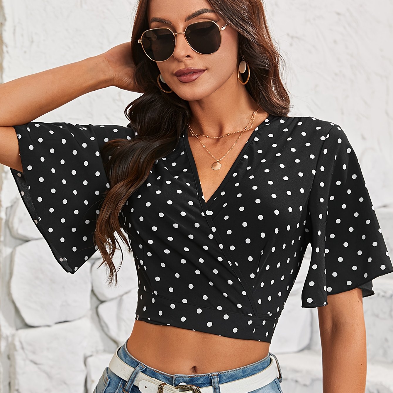 Polka Dot Print Surplice Neck Blouse, Elegant Ruffle Sleeve Crop Top For Spring & Summer, Women's Clothing