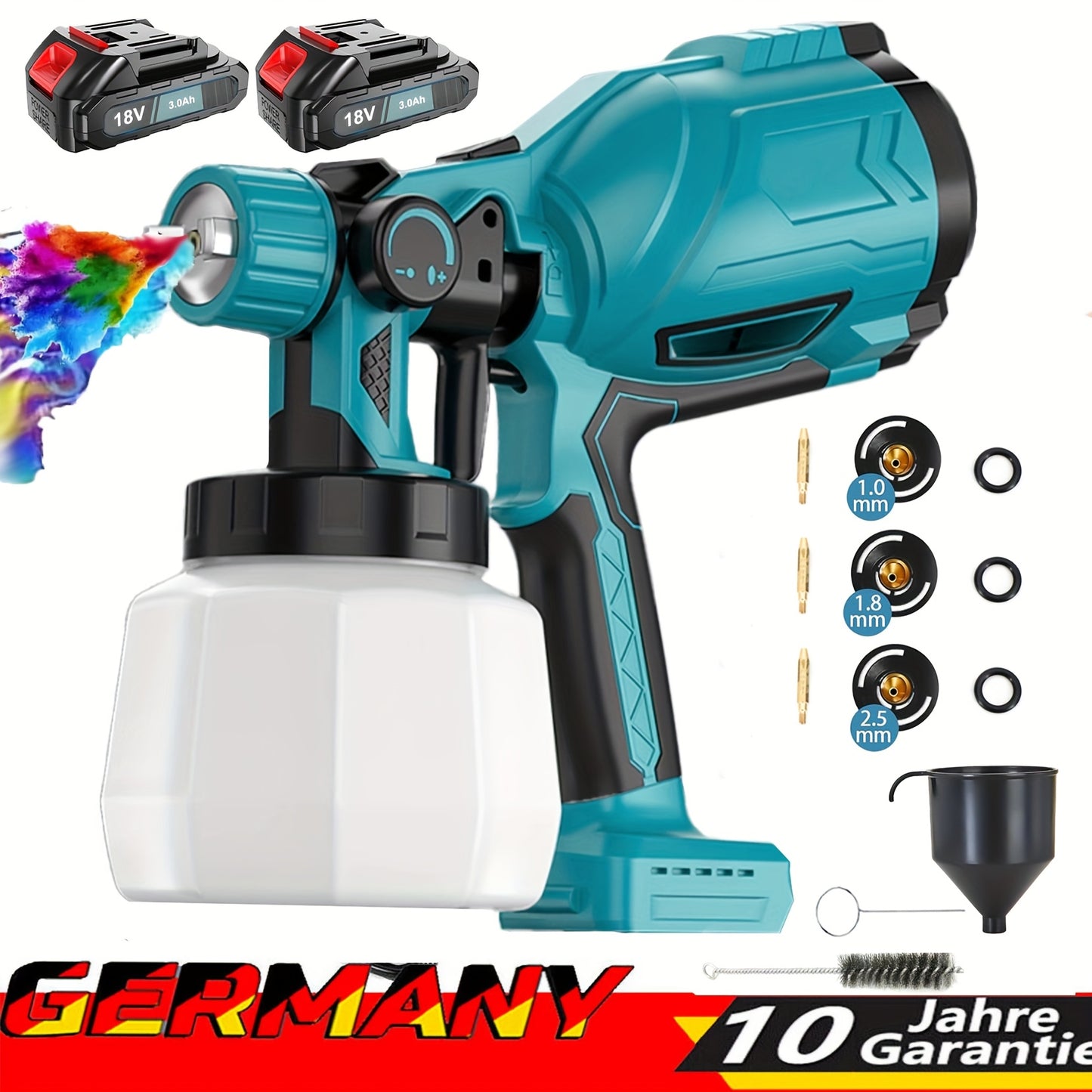 Fence Paint Sprayer with 2x 3000mAh Lithium Ion Batteries, HVLP Cordlss Paint Sprayer Compatible with Makita 18V Battery, 1000ml Tank 4 Nozzles And 2 Cleaning Tools, 3 Patterns Battery Spray Gun Paint Sprayer for Walls And Ce