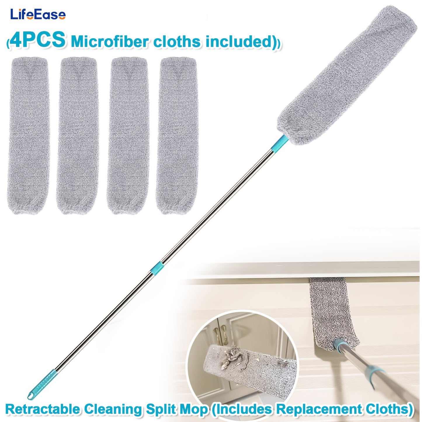 Extended Retractable Dusting Split Mop with 4/6/8/12 Microfiber Dusting Cloths, Underbed Cleaning, for sweeping dust, wiping crevices of sofas, Extended mop for mopping under beds, home cleaning, cleaning tools for the school