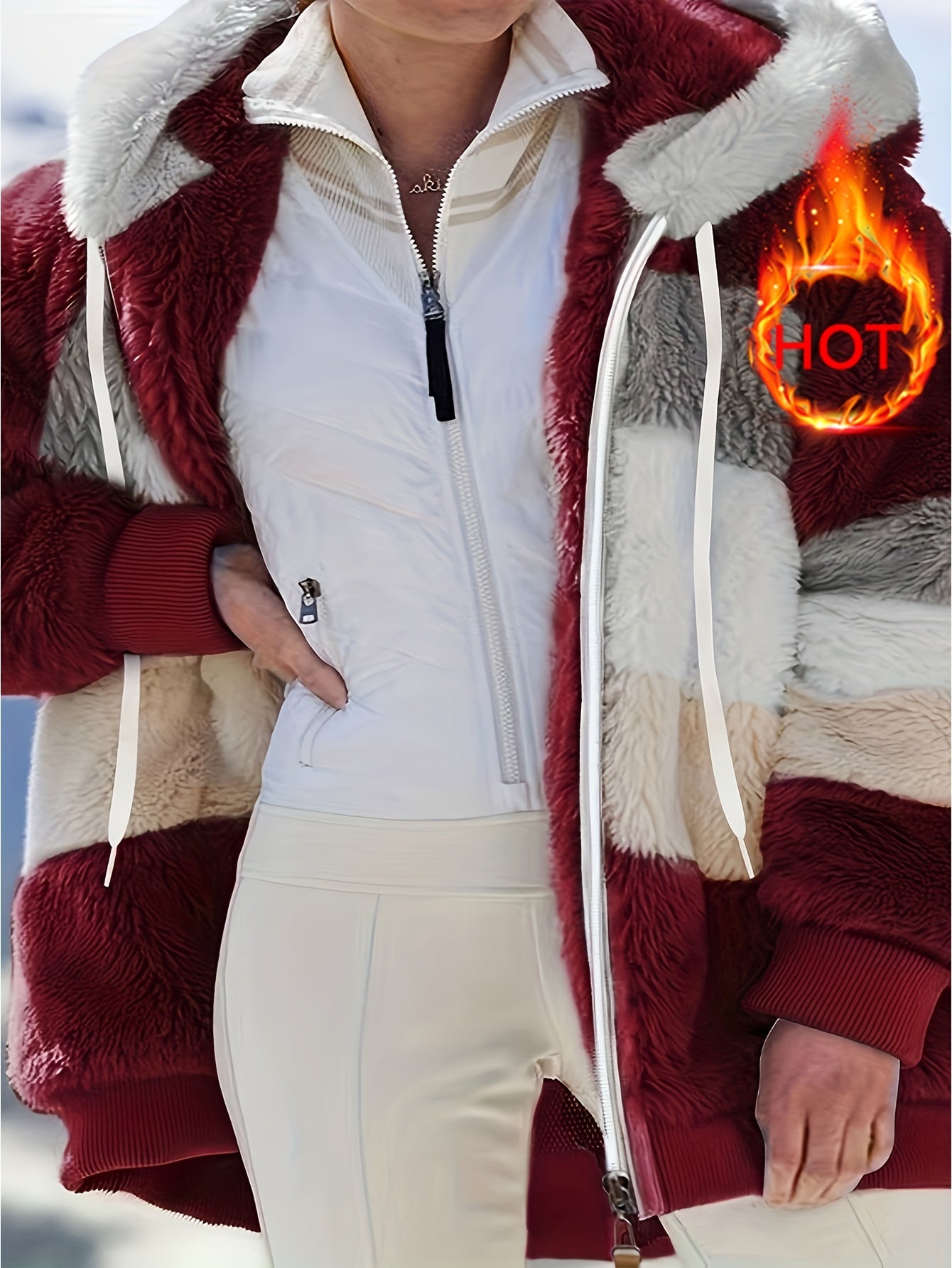 Women's Plush Faux Fur Hooded Jacket - Loose Fit Color Block Coat with Blue/Beige/White/Black Design, Long Sleeve Winter Warmth, Machine Washable for Casual & Formal Outfits, Ladies Winter Coats, Autumn Layering Piece, Formal