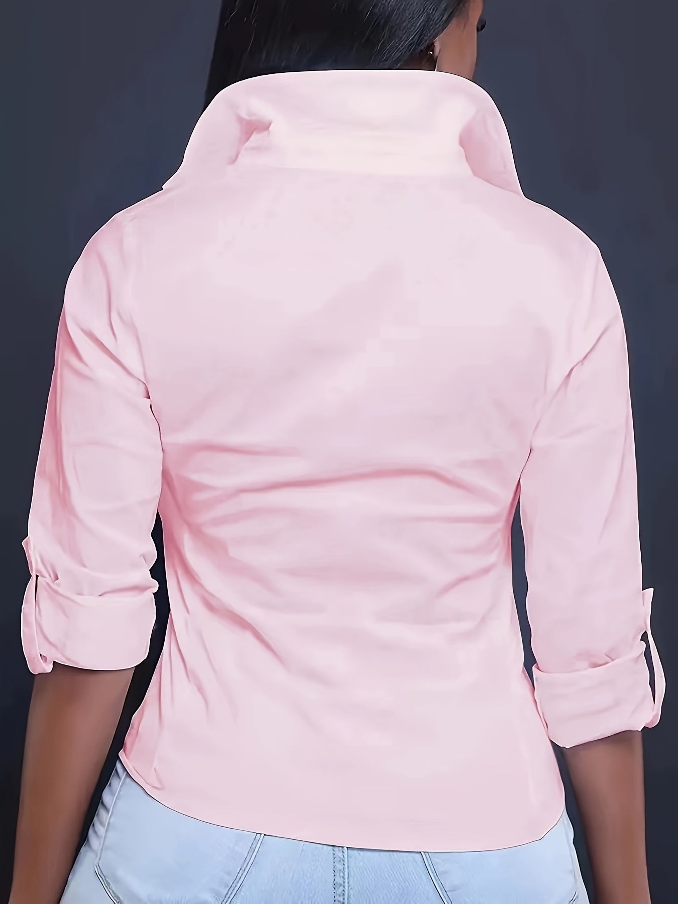 Solid Color Button Front Shirt, Casual Long Sleeve Pocket Shirt For Spring & Fall, Women's Clothing