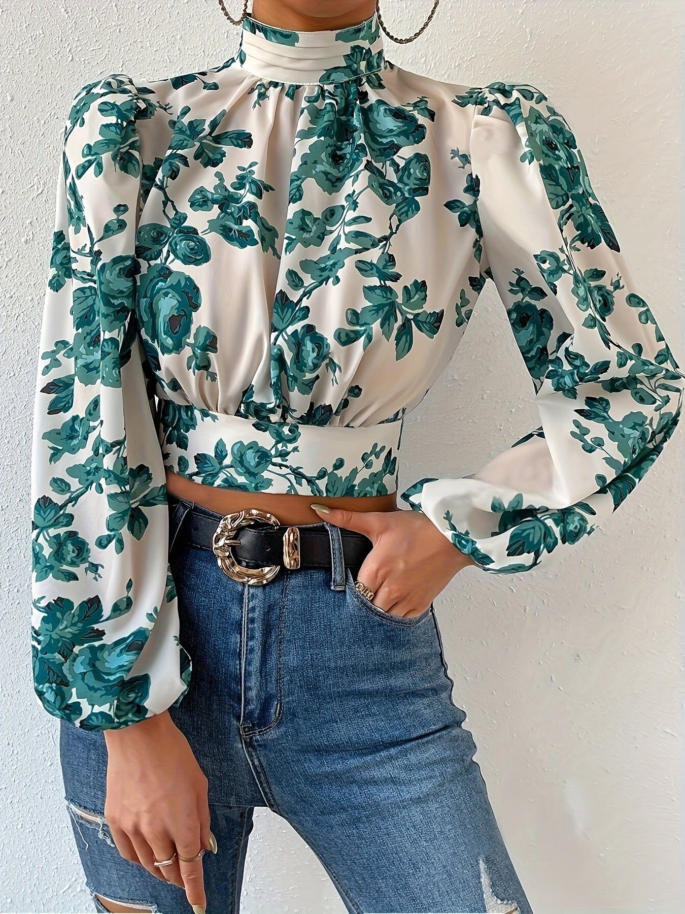 Floral Print Tie Back Crop Blouse, Elegant Lantern Sleeve Cut Out Blouse For Spring & Fall, Women's Clothing