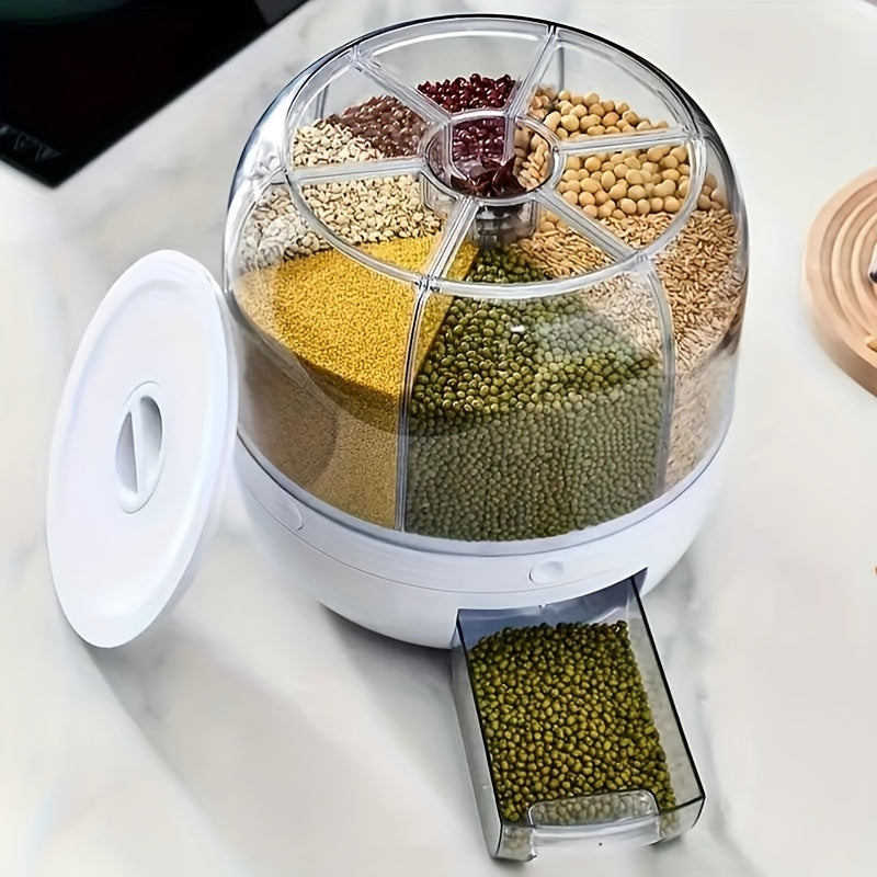 360° rotating partitioned rice bucket, rotatable home-use pest and moisture-proof multi-functional sealed rice storage box, classified grain and bean storage