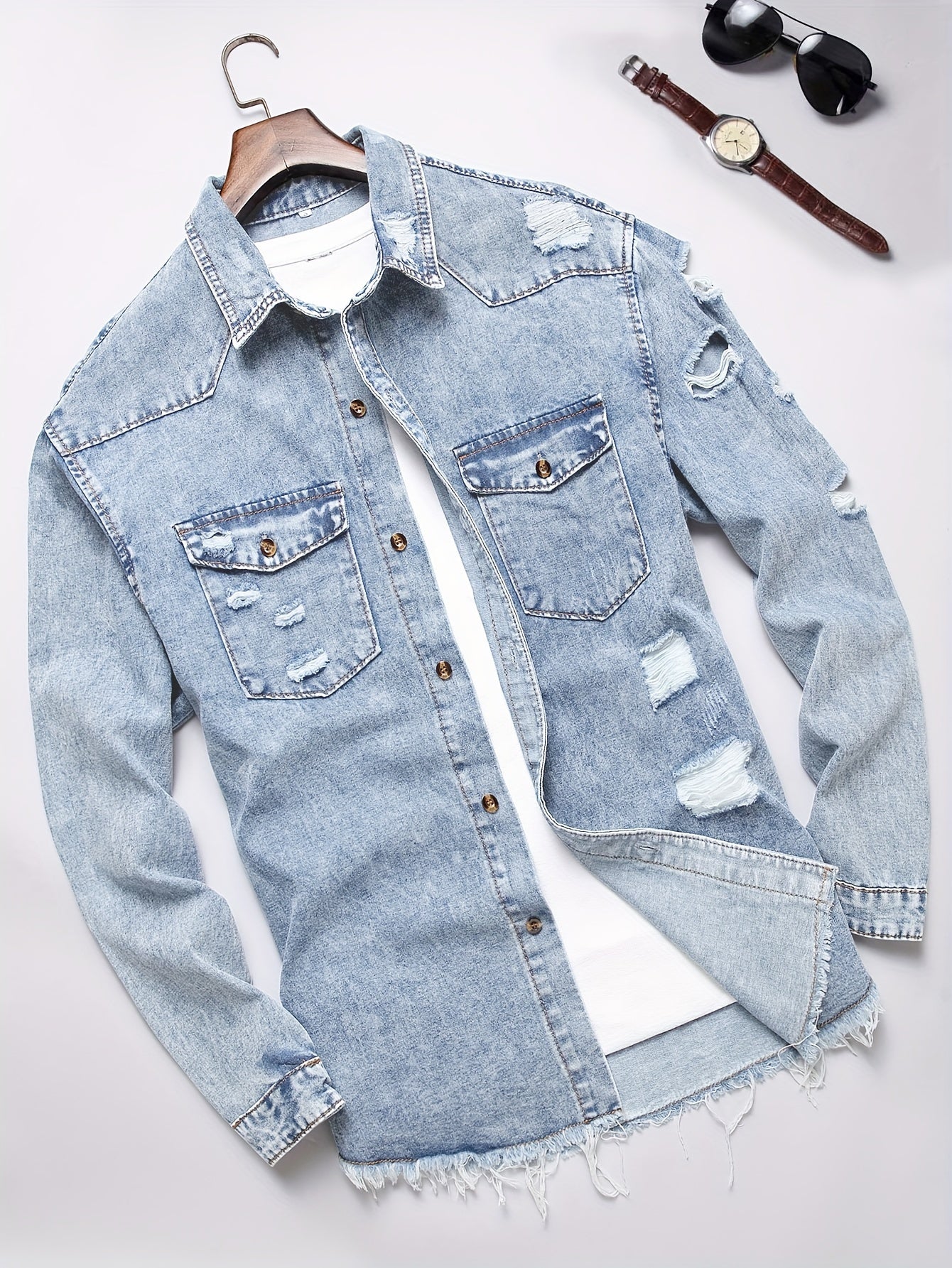 Men's Trendy Ripped Design Casual Button Up Long Sleeve Denim Shirt, Men's Clothes For Spring Summer Autumn, Tops For Men