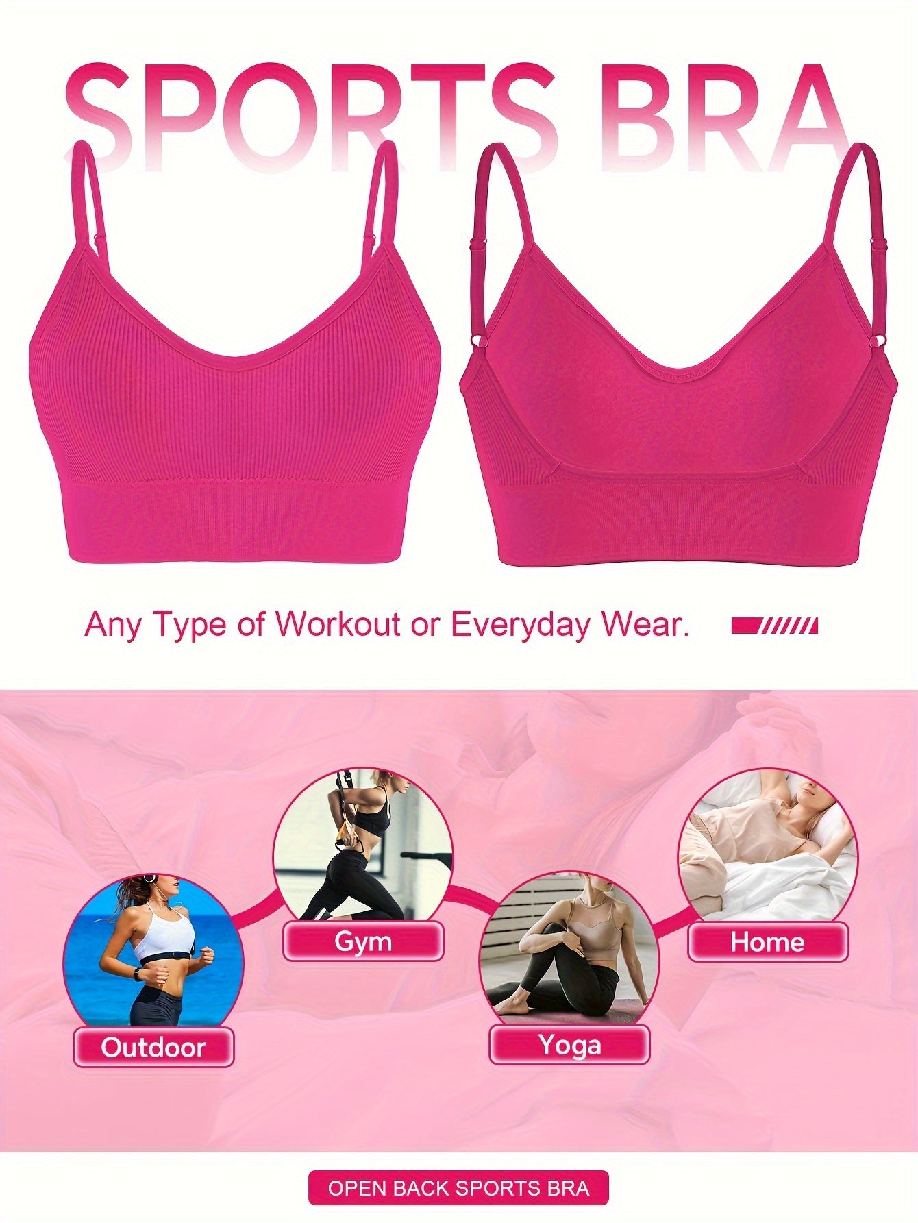 Solid Ribbed Sports Bra, Comfy & Breathable Workout Fitness Intimates Bra, Women's Lingerie & Underwear