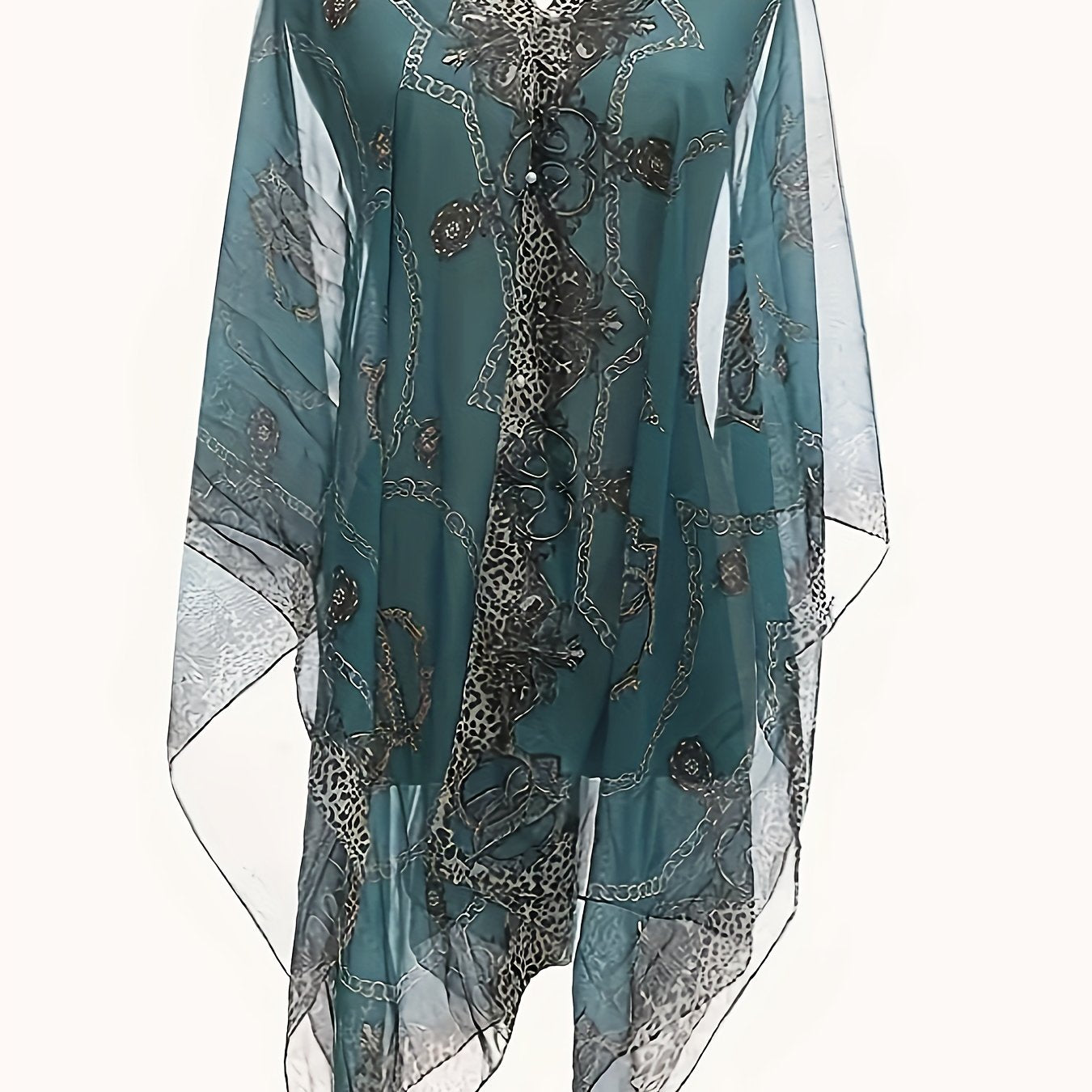 Plus Size Chain Print V Neck Shawl Top, Elegant Long Sleeve Blouse For Spring & Summer, Women's Plus Size Clothing
