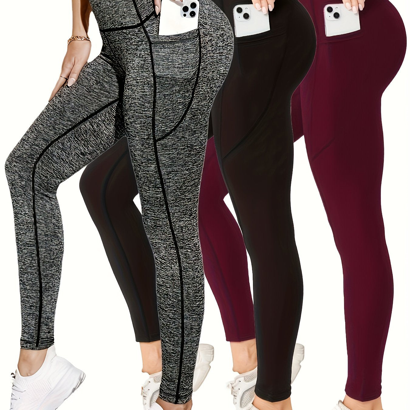 3pcs High-Waist Yoga Leggings with Pockets - Tummy Control, Slimming Effect, Stretchy & Breathable Fabric, Black/Brown/Gray, Perfect for Yoga & Casual Attire