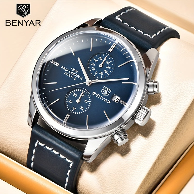 1pc New BENYAR Men's PU Leather Quartz Wristwatch, Men's 100M Multifunctional Watch Military Sports Chronograph Watch For Men
