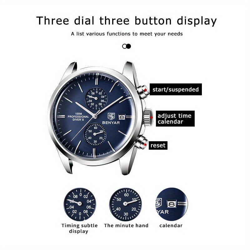 1pc New BENYAR Men's PU Leather Quartz Wristwatch, Men's 100M Multifunctional Watch Military Sports Chronograph Watch For Men
