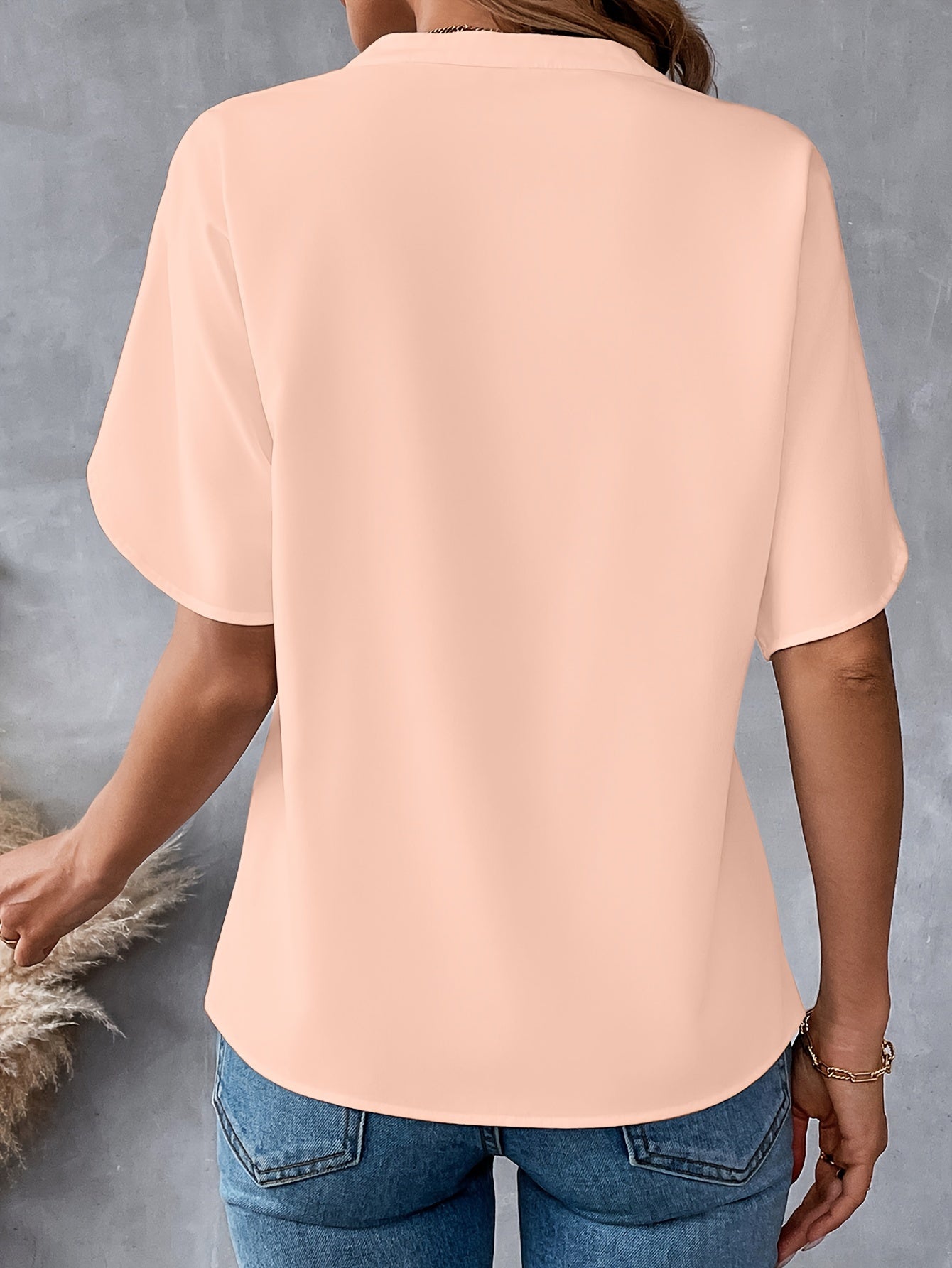 Solid Color Notch Neck Blouse, Casual Short Split Sleeve Blouse For Spring & Summer, Women's Clothing