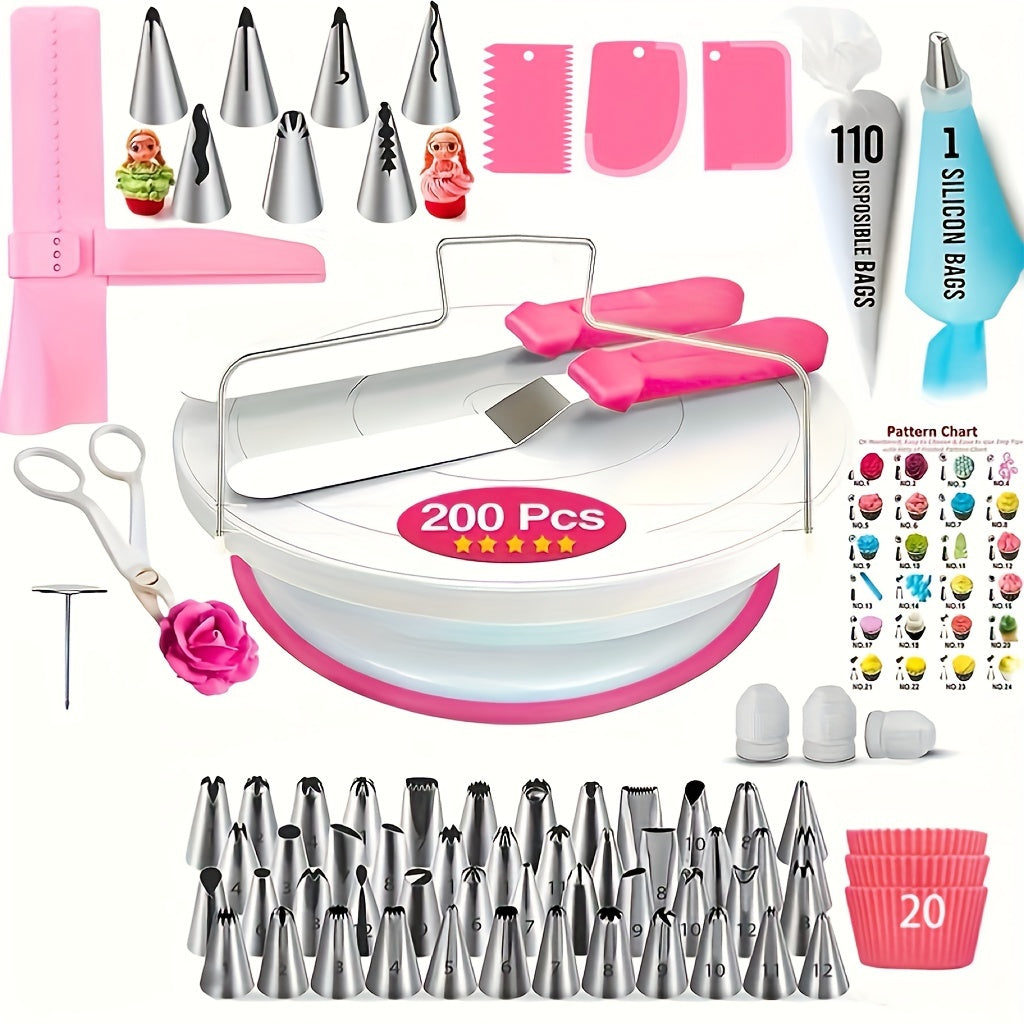 200pcs Cake Decorating Supplies, Cake Decorating Kit For Beginners, Baking Pastry Tools, Numbered Icing Tips With Pattern Chart, Baking Supplies