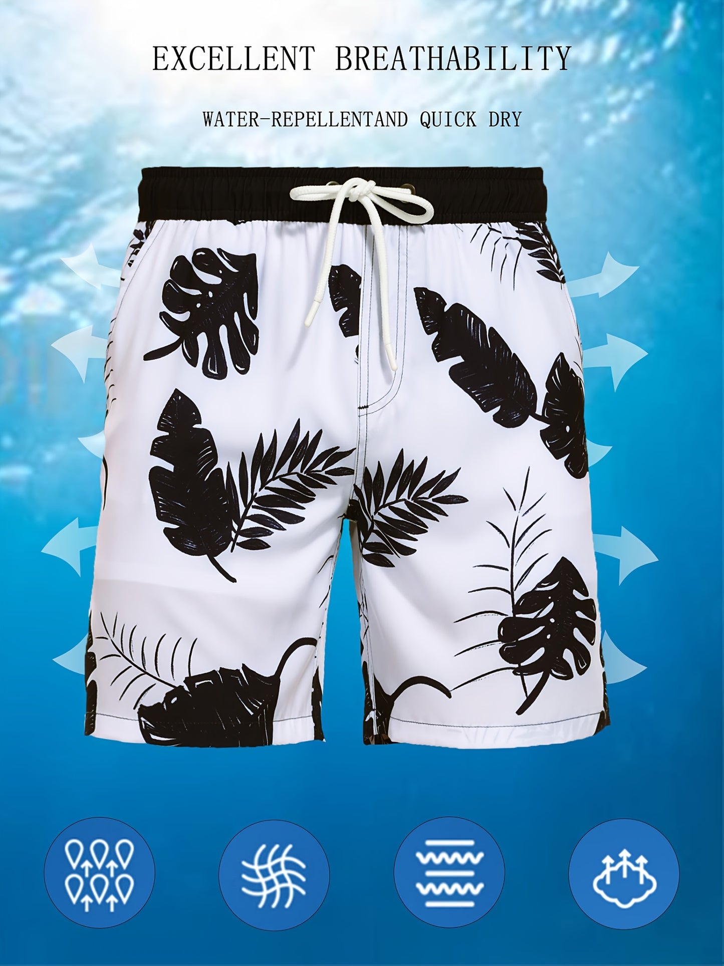 Men's Quick-Dry Beach Shorts with Tropical Palm Tree & Palm Leaf Print - Breathable Stretch Fabric for Summer, Outdoor, Hiking, Swimming - Machine Washable Casual Athletic Shorts, Outdoor Activewear, Summer Shorts