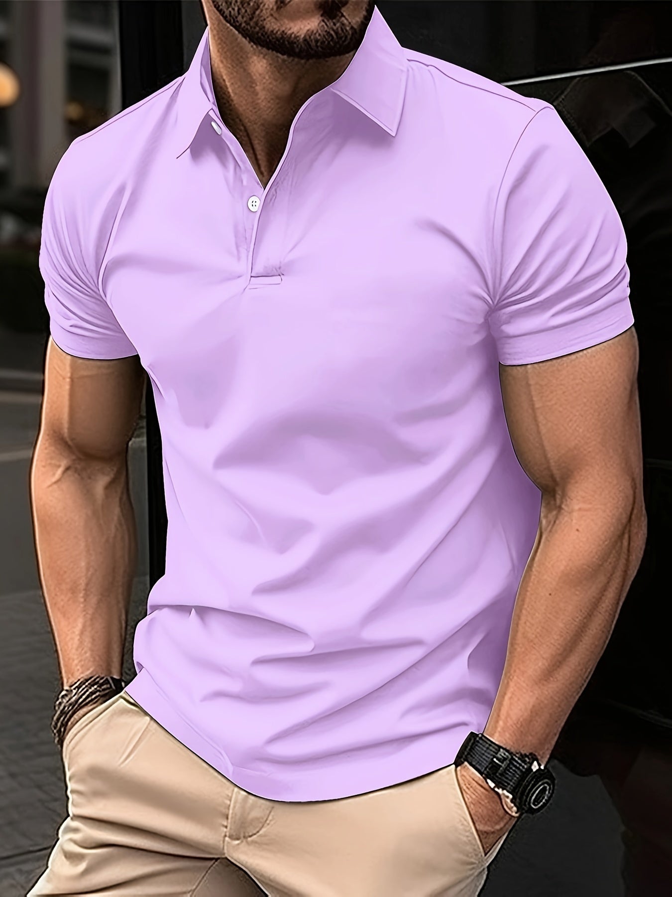 Solid Color Men's Lightweight Short Sleeve Lapel Shirt For Summer Sports