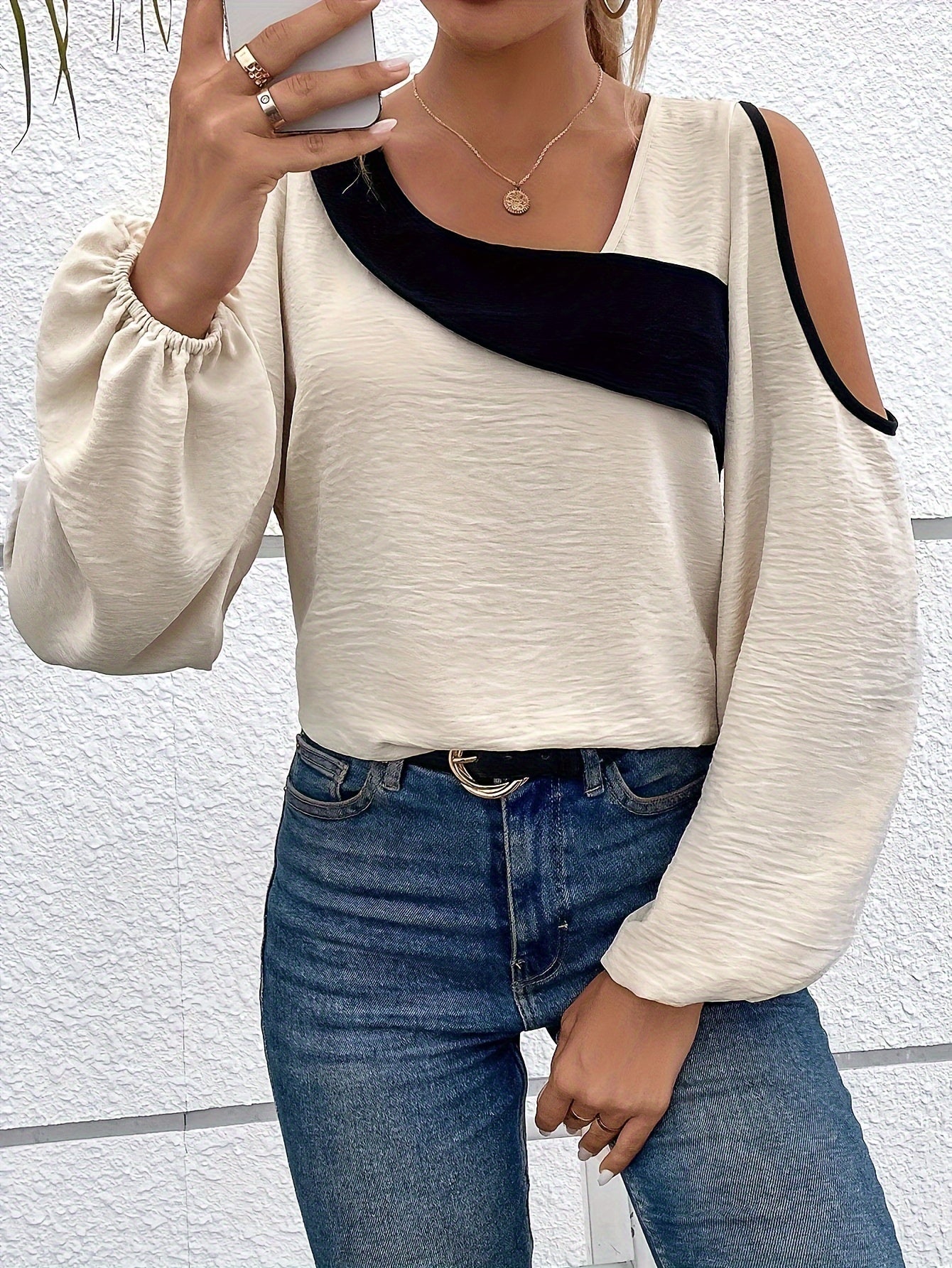 Color Block Cold Shoulder Blouse, Asymmetric Neck Long Sleeve Blouse For Spring & Fall, Women's Clothing