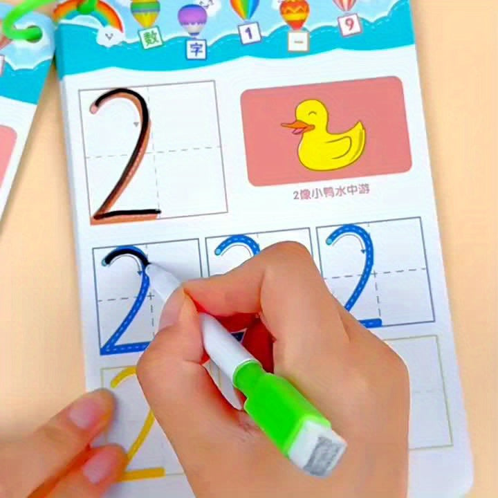 128-Page Reusable Magic Writing Practice Workbook Set - Full Brain Development & Writing Skills for, to Grade 1 Curriculum with Eraser & Answer Key-like Pages, Interactive Learning for Chinese/English Phonics, Math & ABCs (Gi