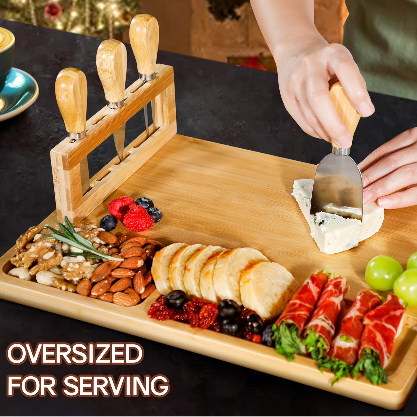 1 Set, Bamboo Cheese Board, Cheese Tray With 4 Cheese Knfie Set, Charcuterie Board And Serving Plate, Cheese Knife, Cheese Slicer, Cheese Fork, Kitchen Cooking Tools, Bamboo Cutting Board, Wood Cheeses Boards, Kitchen Stuff