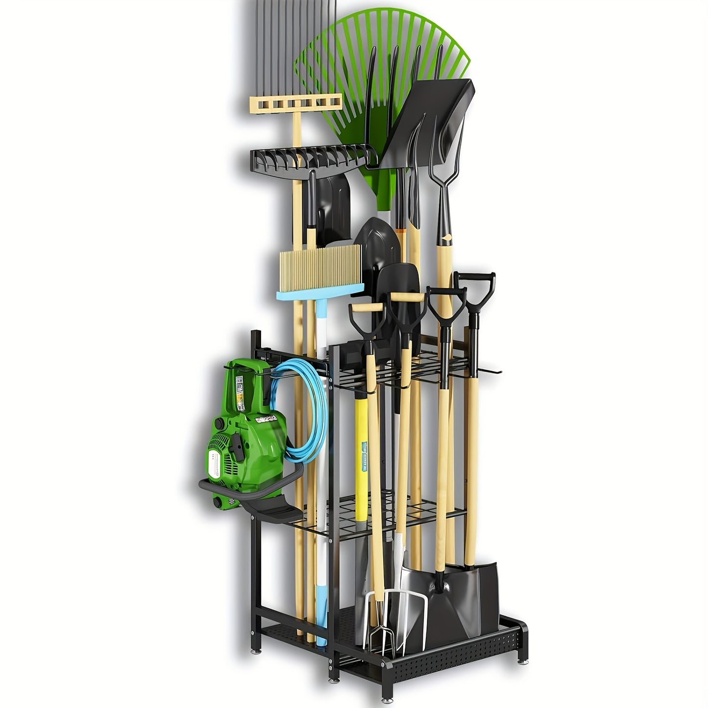 Faridabio Heavy-Duty Metal Garden Tool Organizer with Hooks - Multi-Tiered Utility Storage Rack for Long-Handled Tools, Broom, Shovel, Rake - Sturdy Outdoor Patio Storage Rack, Black (Assembly Required)