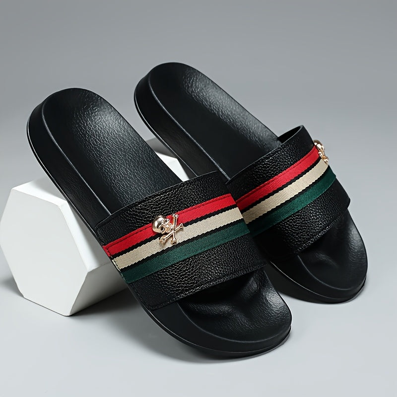 EKBN Men's Slip-Resistant Arch Support Mules - All-Season EVA Slip-On Slippers with Golden Buckle Strap & Black/Red/Green Striped Design, Cushioned Insole for Indoor/Outdoor House Shoes, Casual & Formal Wear - Comfortable & D
